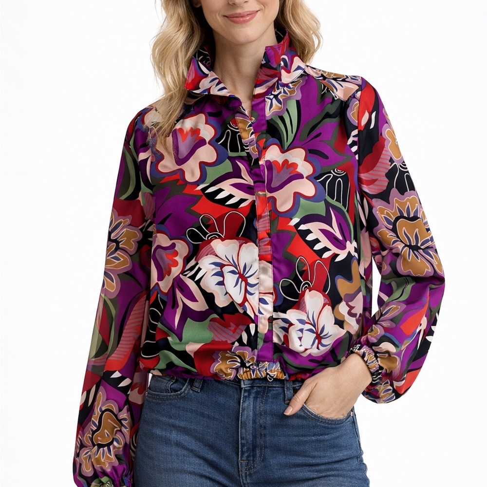Rachel Roy Women's Colorful Floral Print Long Sleeve Top Size Small Statement
